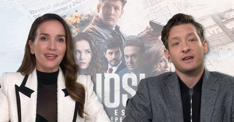 Natalia Oreiro y Gustavo Bussani de frente en entrevista con el afiche de la película IOSI el espía arrepentido detrás