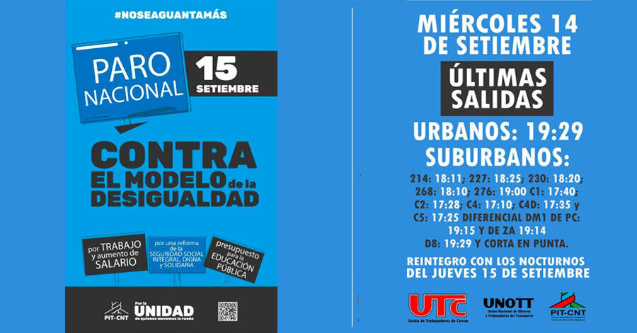 Paro general del PIT-CNT el jueves 15 de setiembre 2022