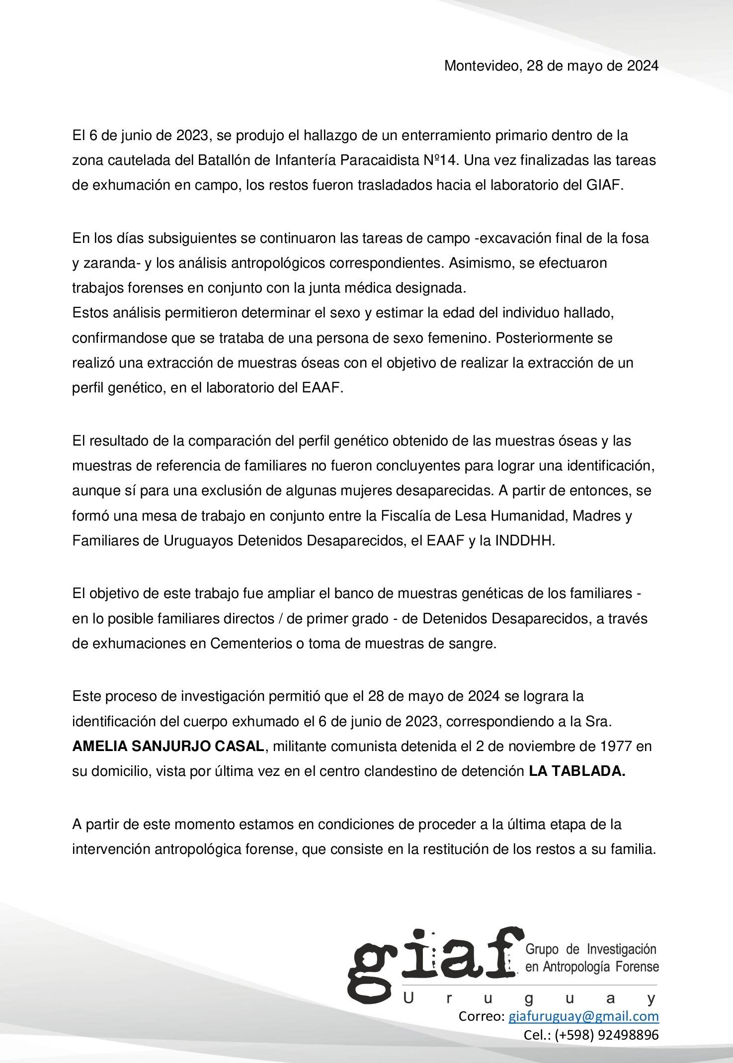Amelia comunicado GIAF